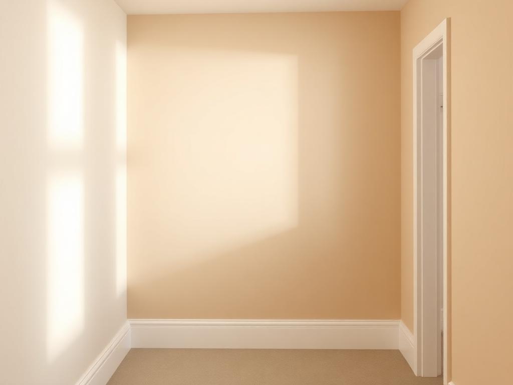 After repair: the same hallway wall smooth and seamless, patch invisible, freshly painted beige with a clean white baseboard