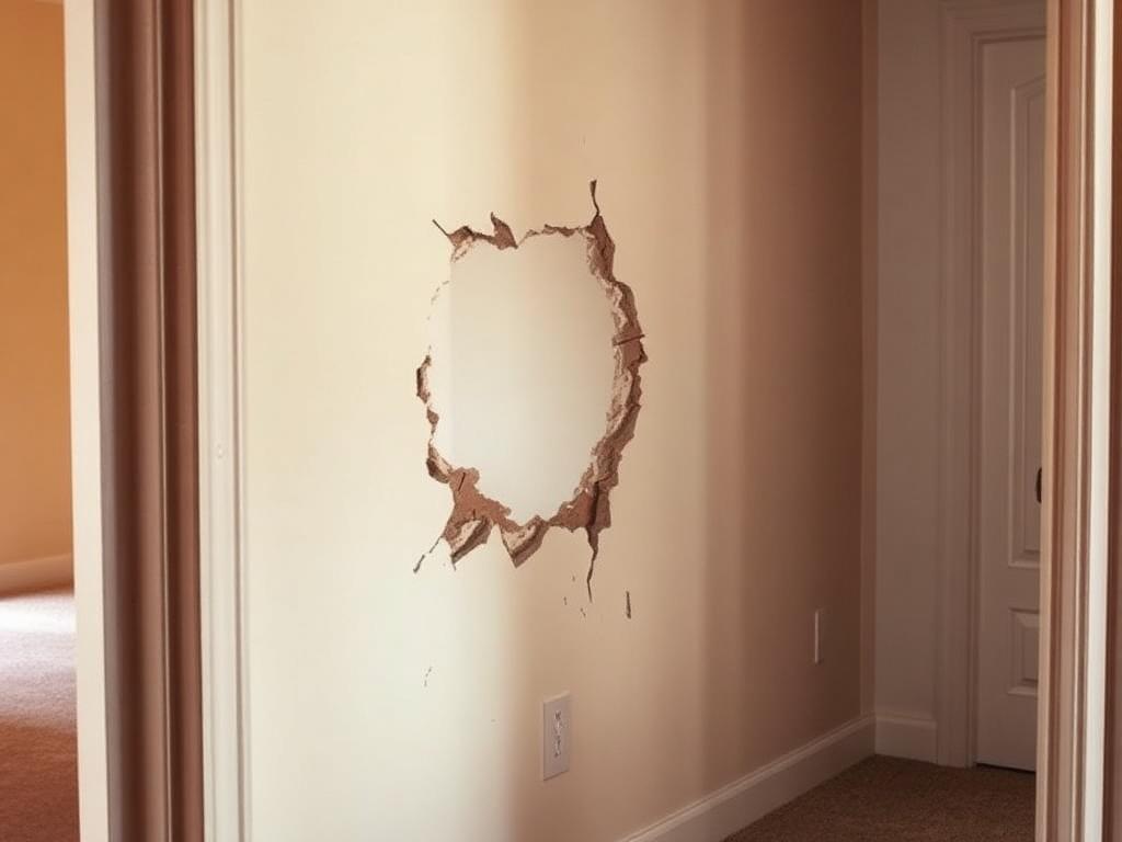 Before repair: large jagged impact hole in the beige drywall of a home hallway with crumbled edges and dust on the baseboard