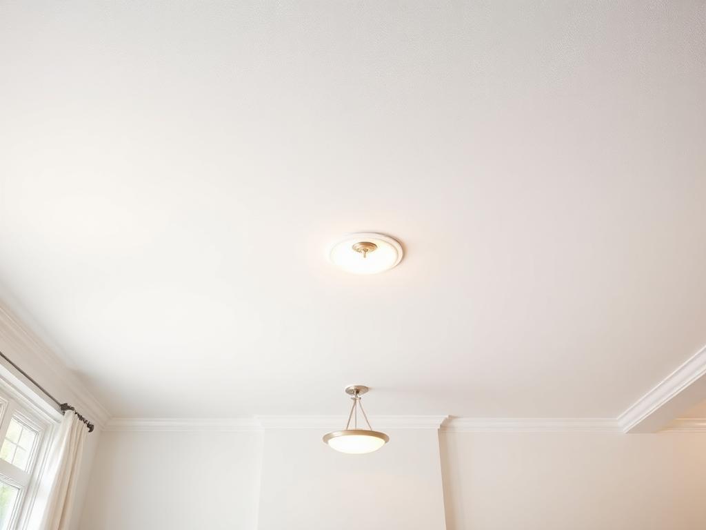 After repair: clean white living room ceiling with no stain, even texture and a reinstalled light fixture