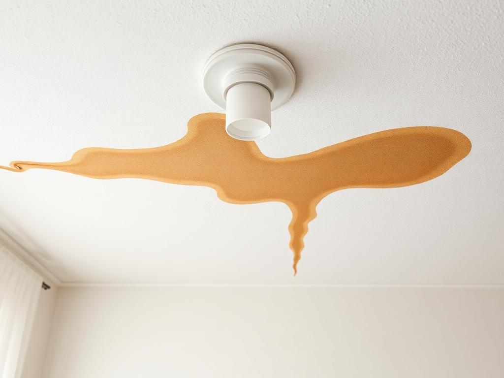 Before repair: brown water stain spreading across a white living room ceiling beside a light fixture with sagging drywall