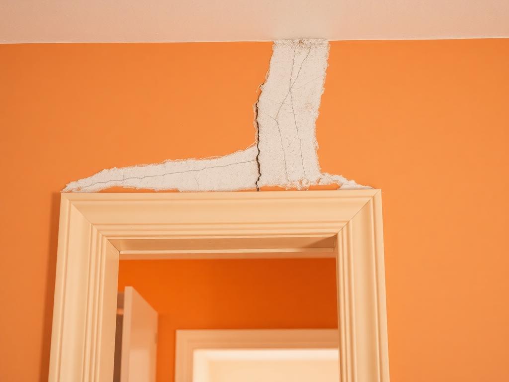 After repair: the same doorway seam retaped and floated with fresh compound, ready for final paint on the warm wall