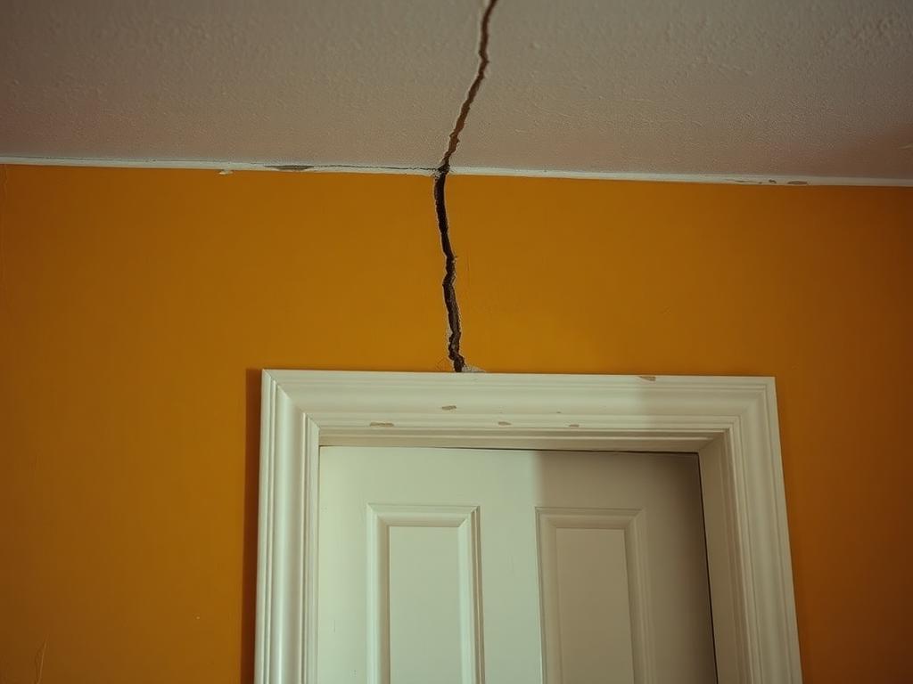Before repair: long settlement crack running from the ceiling down the drywall seam above an interior doorway on a gold-painted wall
