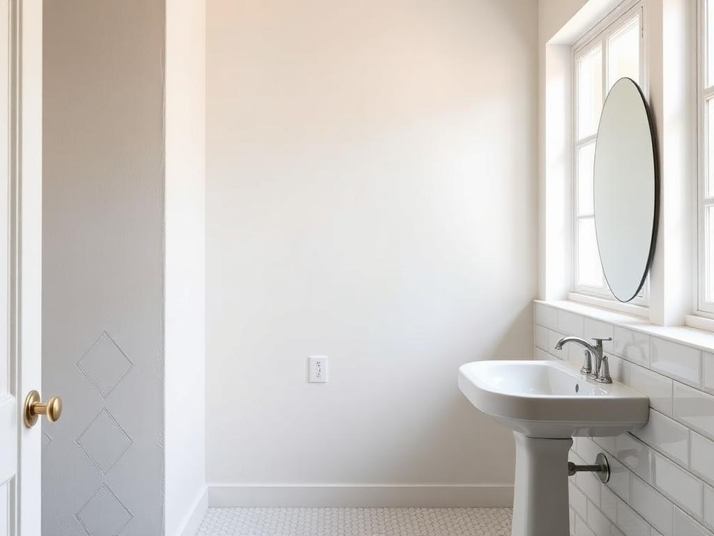 After repair: bathroom wall closed with new drywall, smooth painted finish blending into the white tile wainscot beside the pedestal sink