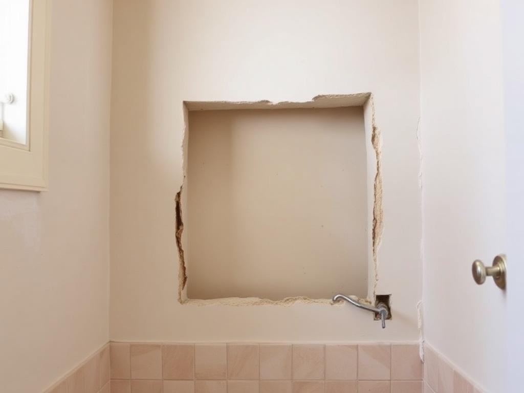 Before repair: large square hole cut open in a bathroom drywall wall above the tile after plumbing work, exposed studs and ragged edges