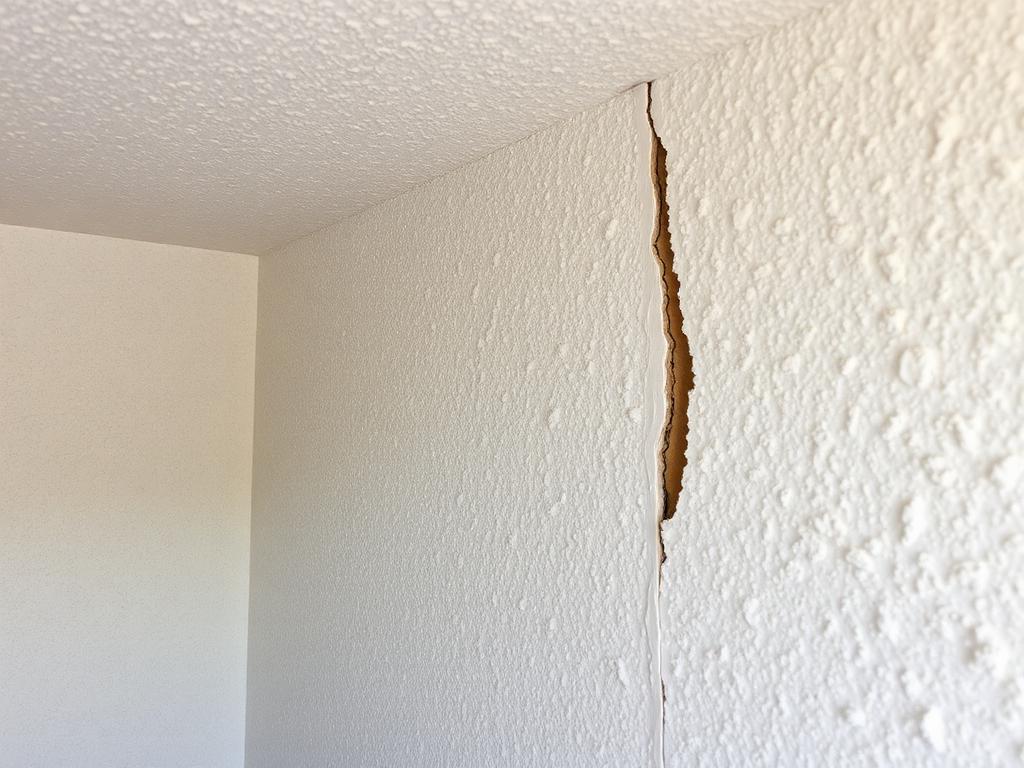Before repair: torn vertical drywall seam and damaged corner in a garage wall with exposed brown paper backing
